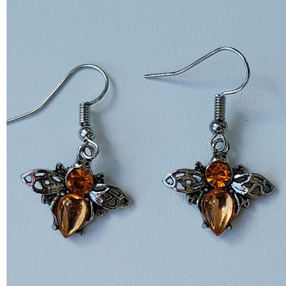 Dainty Bee Drop Earrings Amber Color Faux Jewel on Silver Tone Metal - Picture 1 of 3